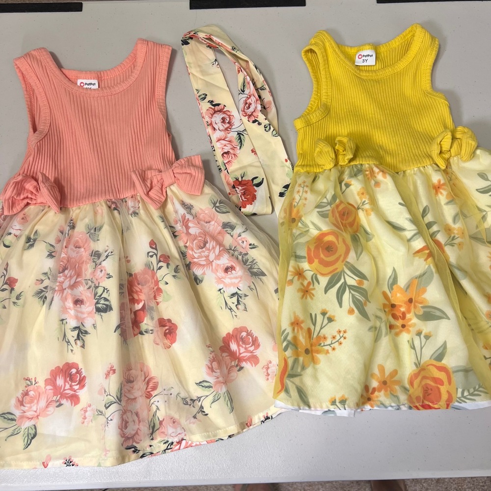 PatPat Toddler Girls Floral Ribbed Knit Dress Set Pink Yellow 3Y Fits 2T